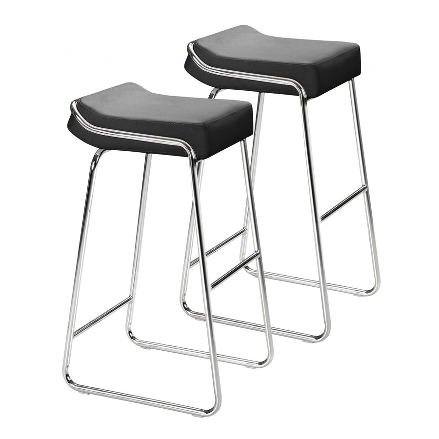 Set of Two 32" Black And Silver Faux Leather And Steel Backless Bar Height Bar Chairs Image 1