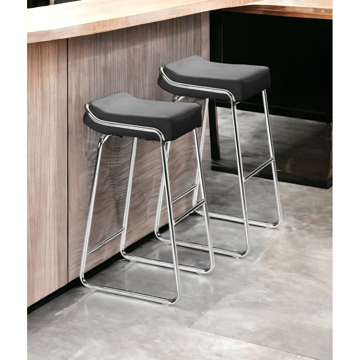 Set of Two 32" Black And Silver Faux Leather And Steel Backless Bar Height Bar Chairs Image 8