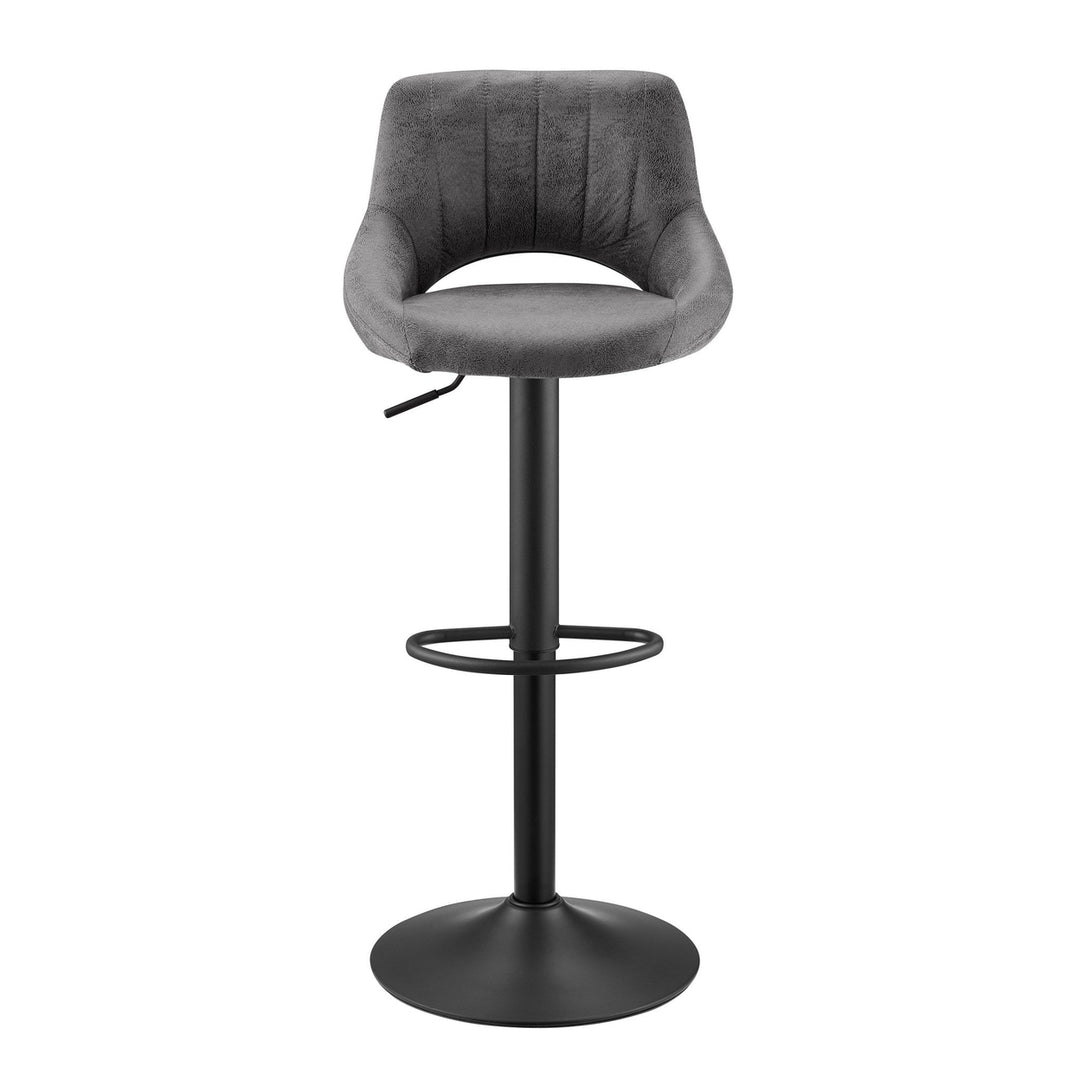 Set of Two 32" Gray And Black Faux Leather And Steel Swivel Low Back Adjustable Height Bar Chairs Image 5