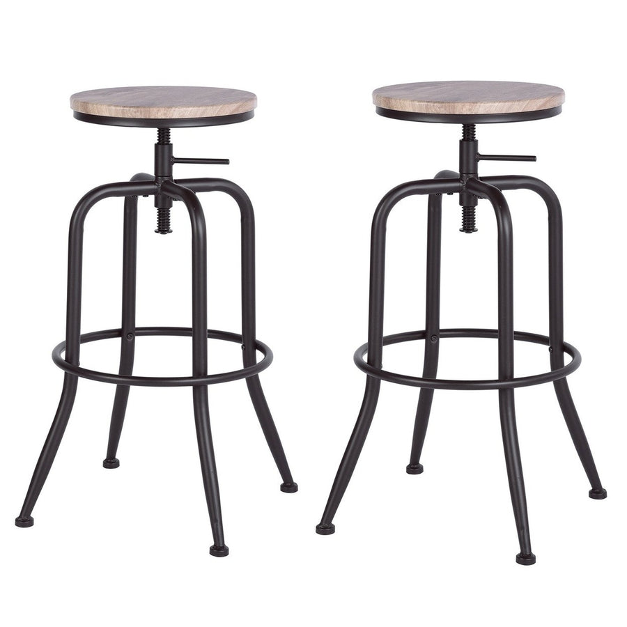 Set of Two Adjustable Height Natural And Black Steel Swivel Backless Counter Height Bar Chairs Image 1