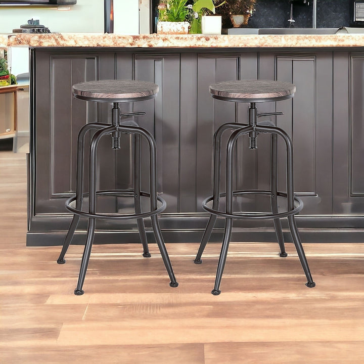 Set of Two Adjustable Height Brown And Black Steel Swivel Backless Counter Height Bar Chairs Image 11