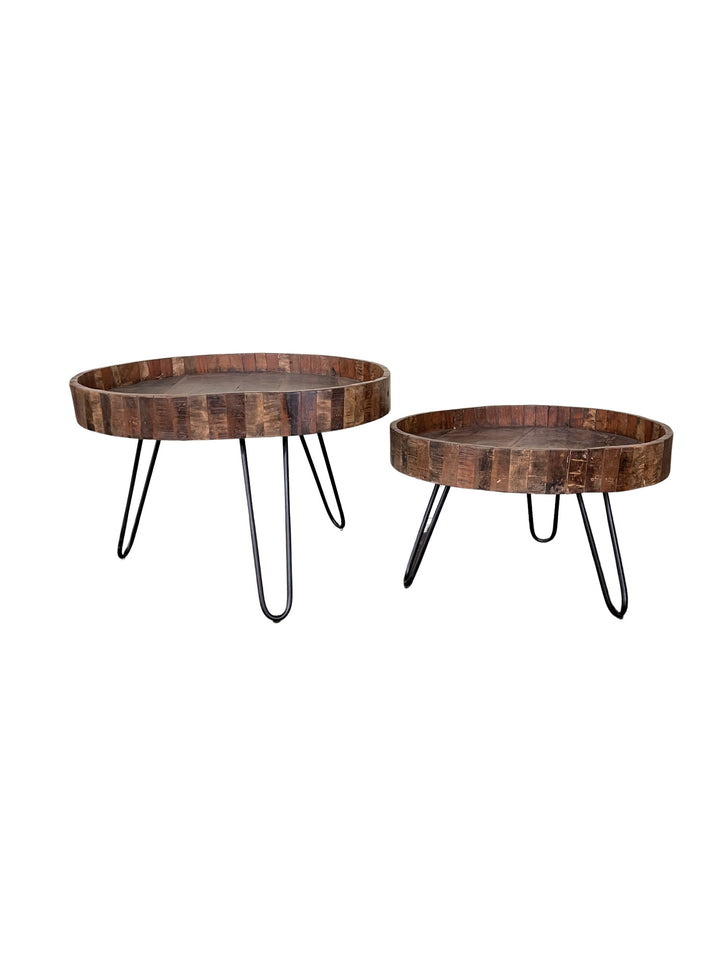 Set Of Two Black And Natural Brown Solid Wood And Iron Round End Tables Image 4