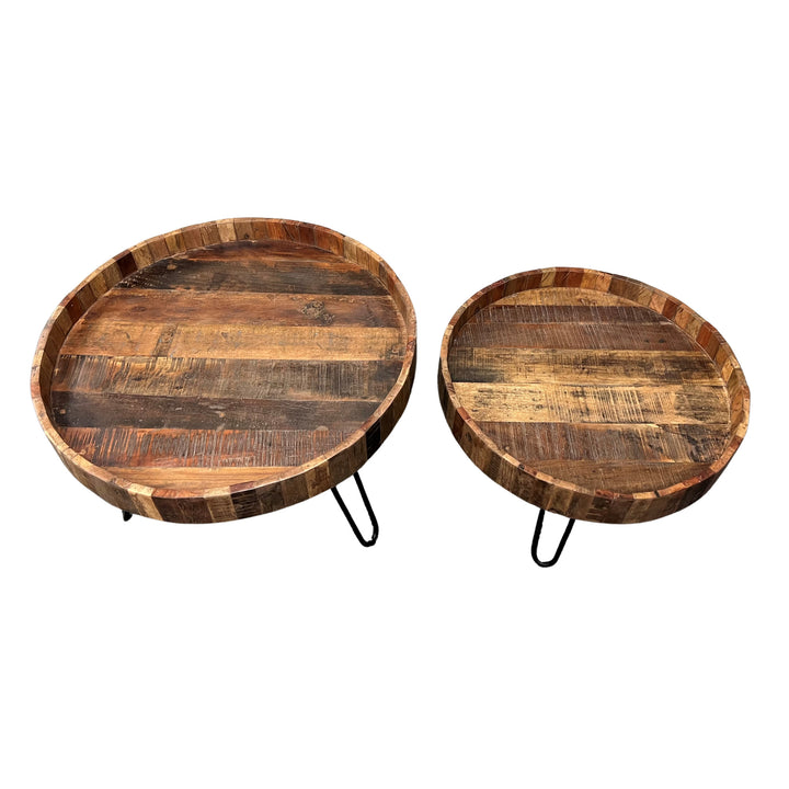 Set Of Two Black And Natural Brown Solid Wood And Iron Round End Tables Image 6