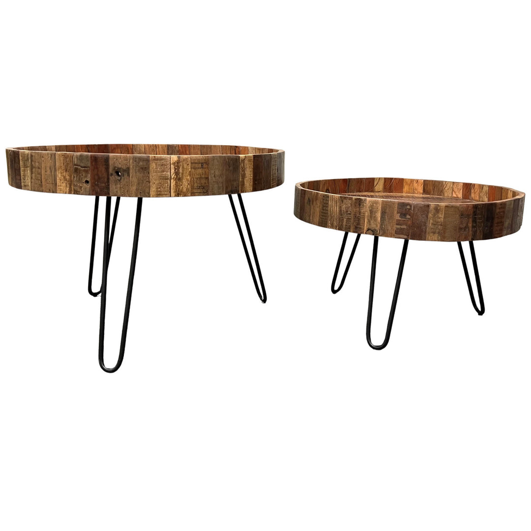 Set Of Two Black And Natural Brown Solid Wood And Iron Round End Tables Image 9