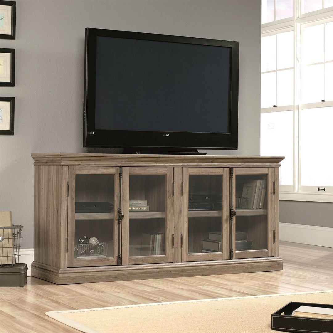 Salt Oak Wood Finish TV Stand with Tempered Glass Doors - Fits up to 80-inch TV Image 1