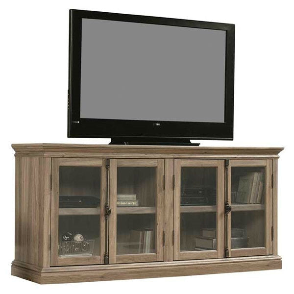 Salt Oak Wood Finish TV Stand with Tempered Glass Doors - Fits up to 80-inch TV Image 2