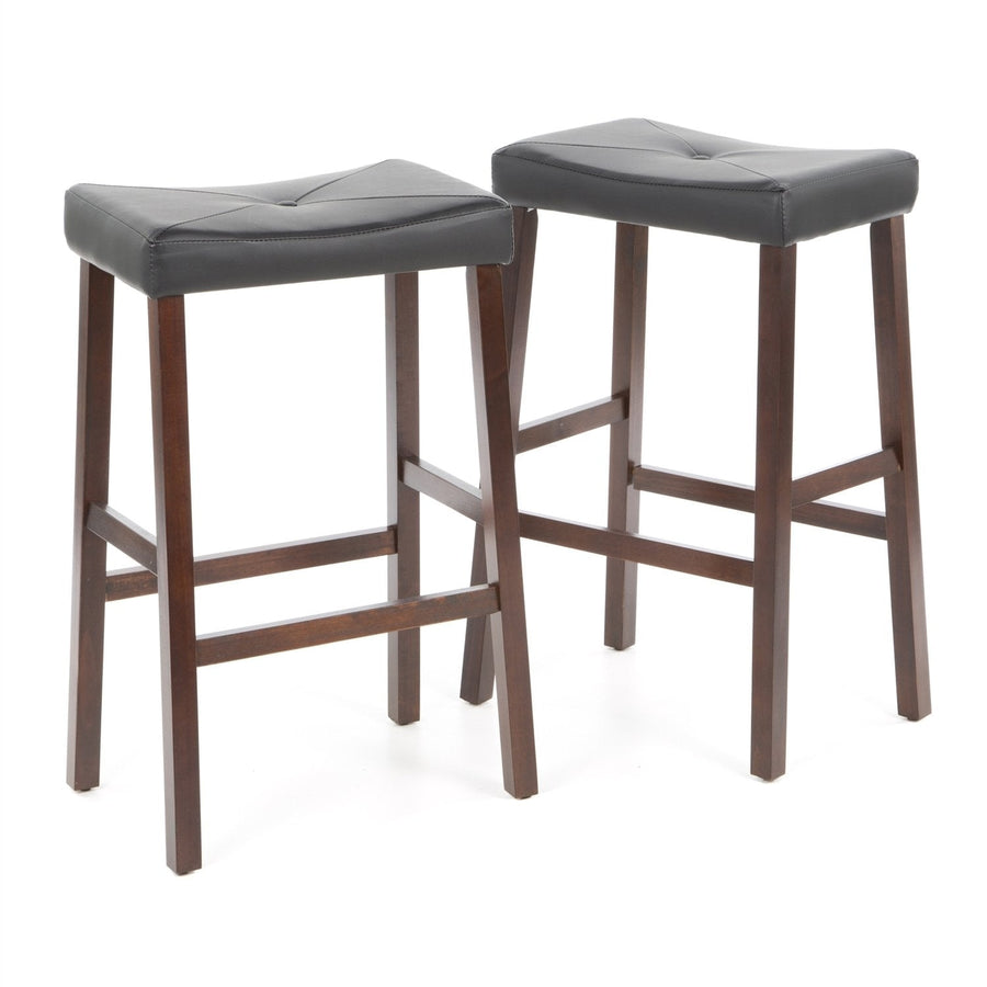 Set of 2 - Upholstered Faux Leather Saddle Seat Barstool in Mahogany Image 1