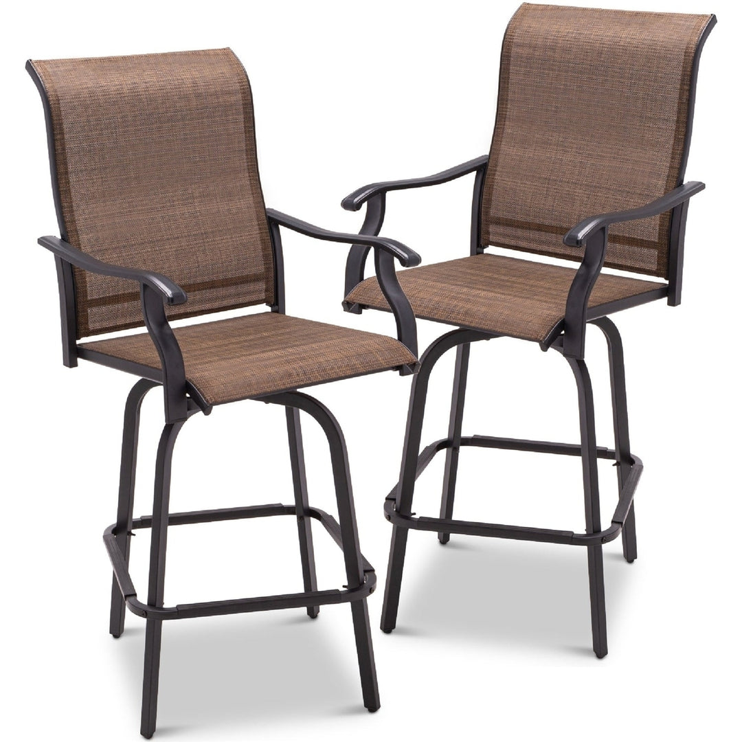 Set of 2 Brown All-Weather Mesh Swivel Barstools Image 1