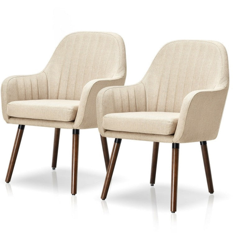 Set of 2 Retro Off-White Linen Upholstered Accent Chair with Stylish Wood Legs Image 1