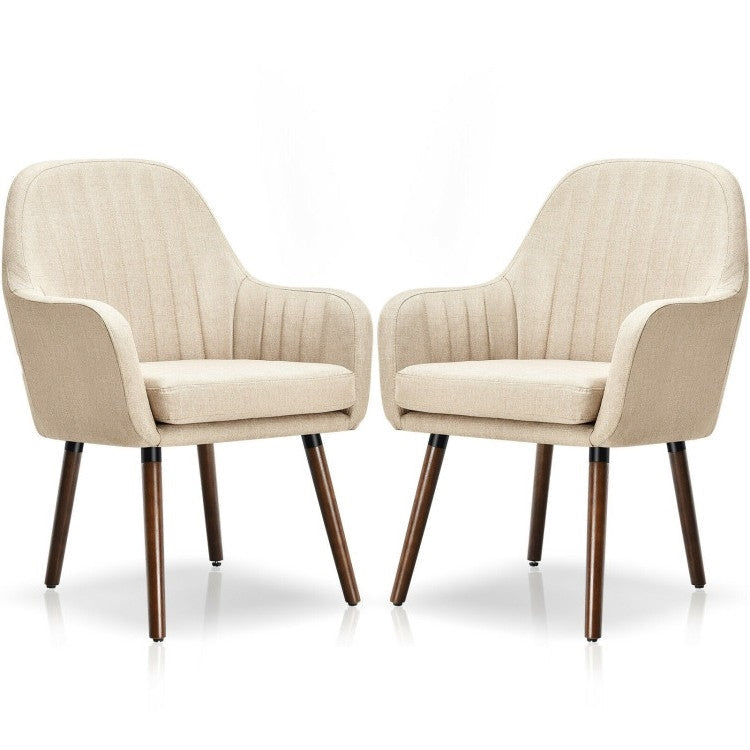 Set of 2 Retro Off-White Linen Upholstered Accent Chair with Stylish Wood Legs Image 3