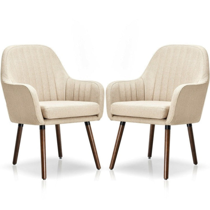 Set of 2 Retro Off-White Linen Upholstered Accent Chair with Stylish Wood Legs Image 3