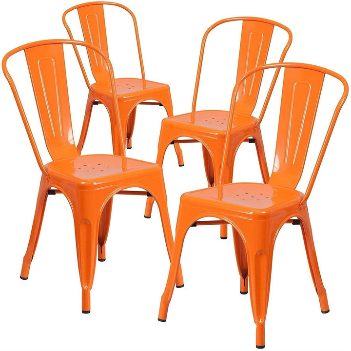 Set of 4 Outdoor Indoor Orange Metal Stacking Bistro Dining Chairs Image 1