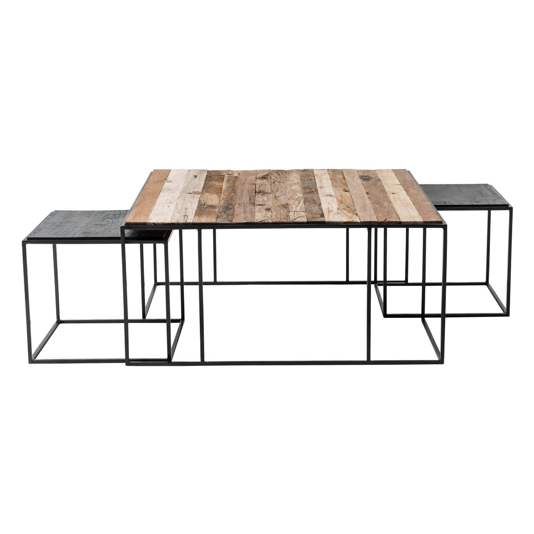 Set of Three 39" Oak And Black Solid Wood And Iron with Iron Square Nested Coffee Tables Image 1