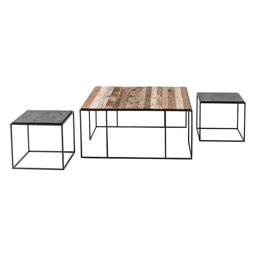 Set of Three 39" Oak And Black Solid Wood And Iron with Iron Square Nested Coffee Tables Image 2