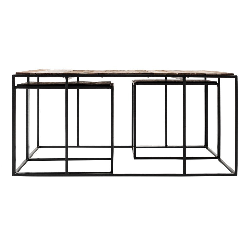 Set of Three 39" Oak And Black Solid Wood And Iron with Iron Square Nested Coffee Tables Image 3