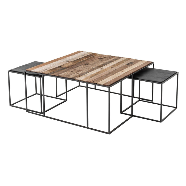 Set of Three 39" Oak And Black Solid Wood And Iron with Iron Square Nested Coffee Tables Image 4