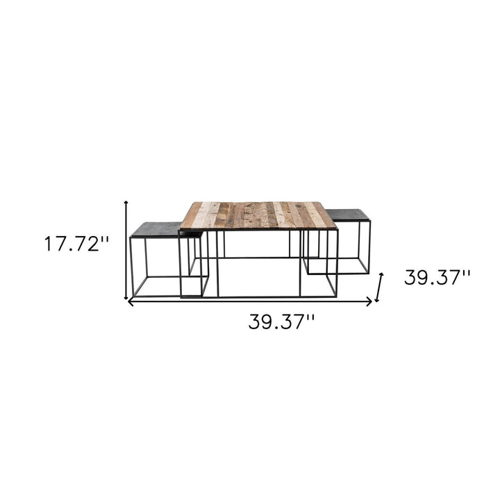 Set of Three 39" Oak And Black Solid Wood And Iron with Iron Square Nested Coffee Tables Image 10