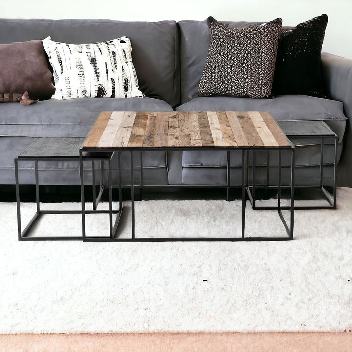 Set of Three 39" Oak And Black Solid Wood And Iron with Iron Square Nested Coffee Tables Image 11