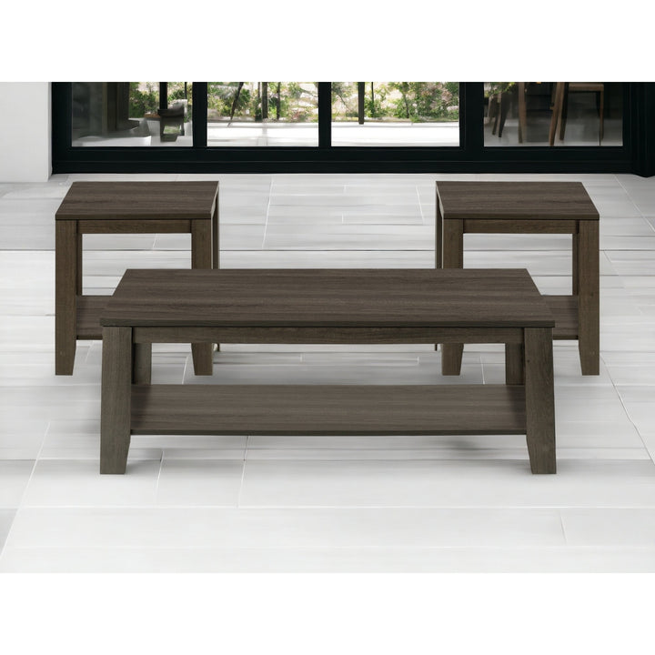 Set Of Three 42" Oak Rectangular Coffee Table With Three Shelves Image 8