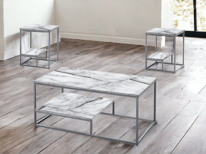 Set Of Three 42" White Rectangular Coffee Table With Shelf Image 7