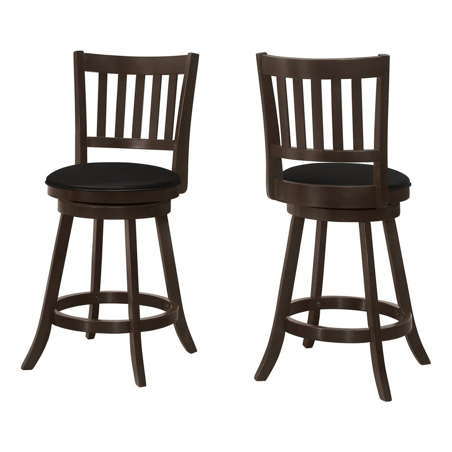 Set of Two 23 " Black And Espresso Faux Leather And Solid Wood Swivel Counter Height Bar Chairs Image 1