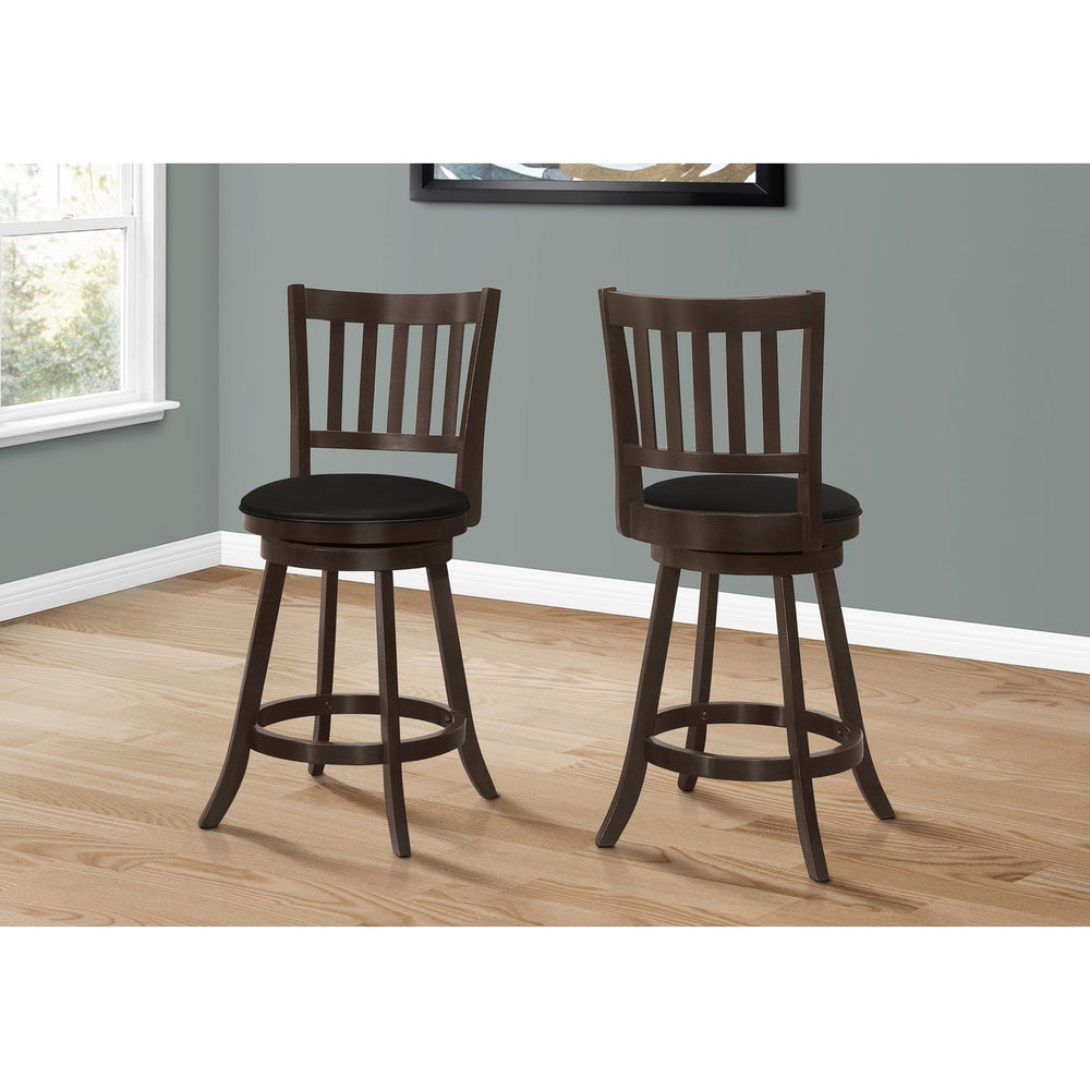 Set of Two 23 " Black And Espresso Faux Leather And Solid Wood Swivel Counter Height Bar Chairs Image 2