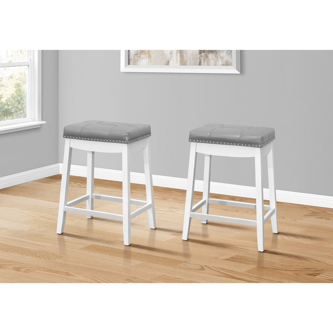 Set of Two 25 " Gray And White Faux Leather And Solid Wood Backless Counter Height Bar Chairs Image 2