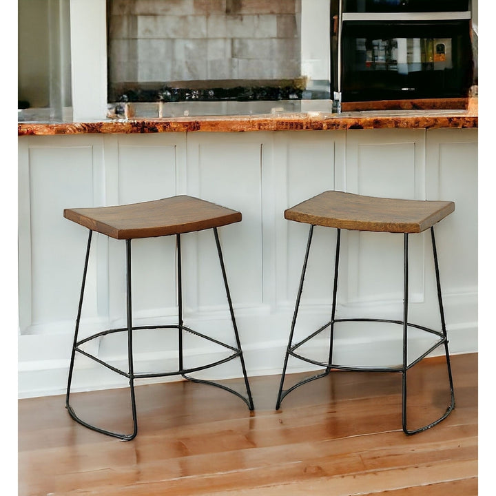 Set of Two 25" Chestnut And Black Steel Backless Counter Height Bar Chairs Image 7