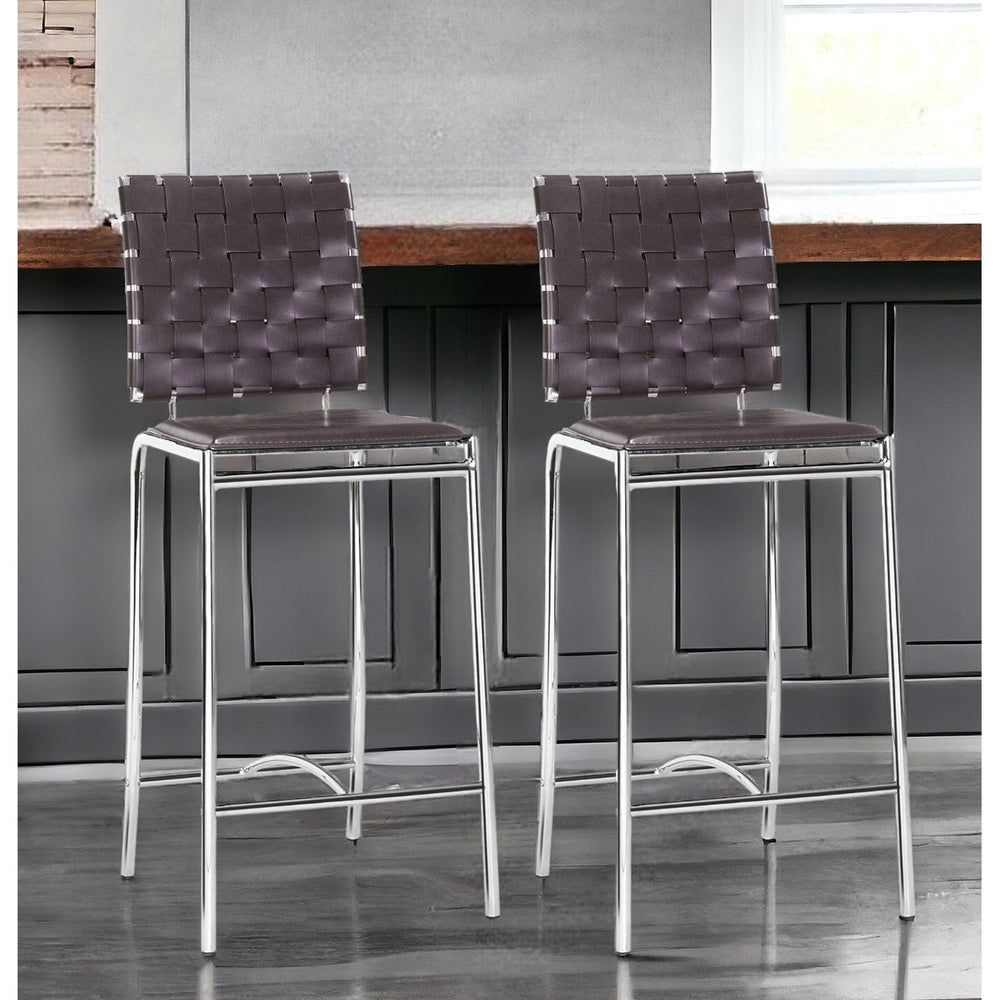 Set of Two 26" Espresso And Silver Steel Low Back Counter Height Bar Chairs Image 2