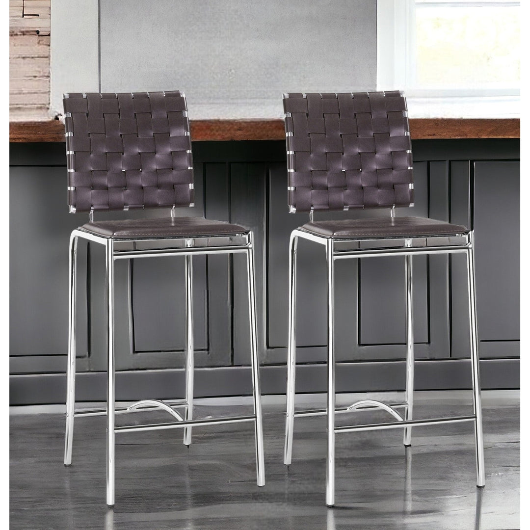 Set of Two 26" Espresso And Silver Steel Low Back Counter Height Bar Chairs Image 2
