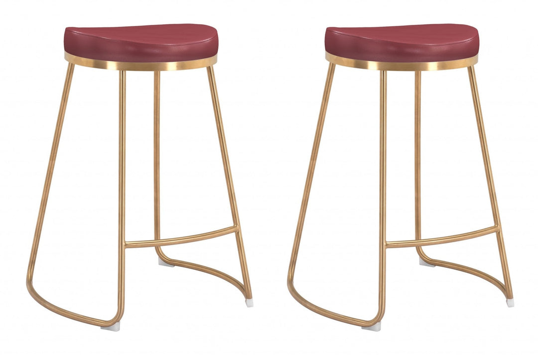 Set of Two 26" Red And Gold Stainless Steel Backless Counter Height Bar Chairs Image 1