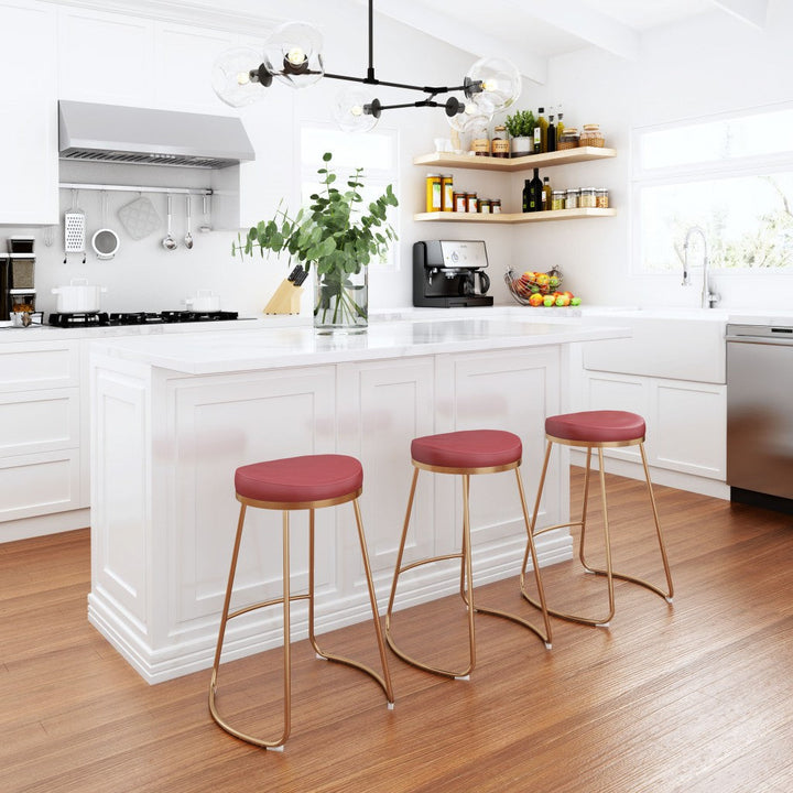 Set of Two 26" Red And Gold Stainless Steel Backless Counter Height Bar Chairs Image 8