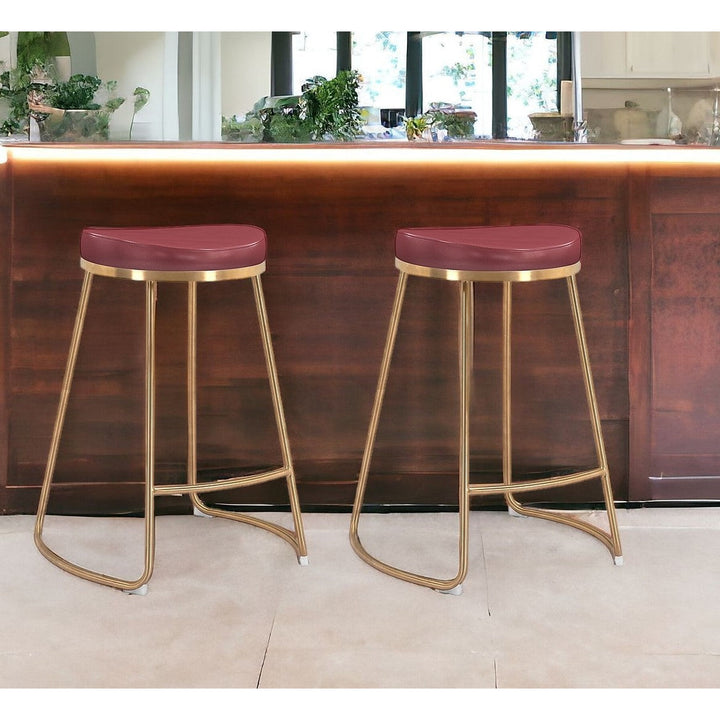 Set of Two 26" Red And Gold Stainless Steel Backless Counter Height Bar Chairs Image 11