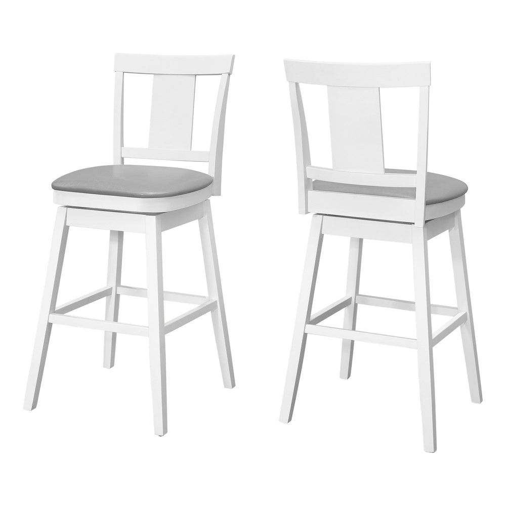 Set of Two 28 " Gray And White Faux Leather And Solid Wood Swivel Counter Height Bar Chairs Image 2