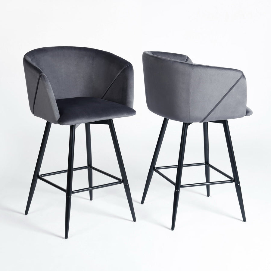Set of Two 28" Gray And Black Velvet And Steel Bar Chairs Image 1