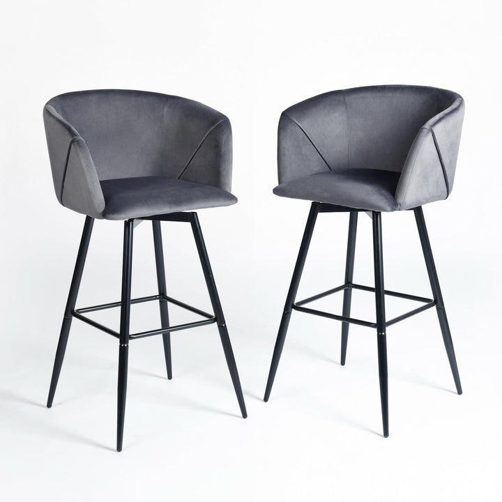 Set of Two 28" Gray And Black Velvet And Steel Low Back Bar Height Bar Chairs Image 1