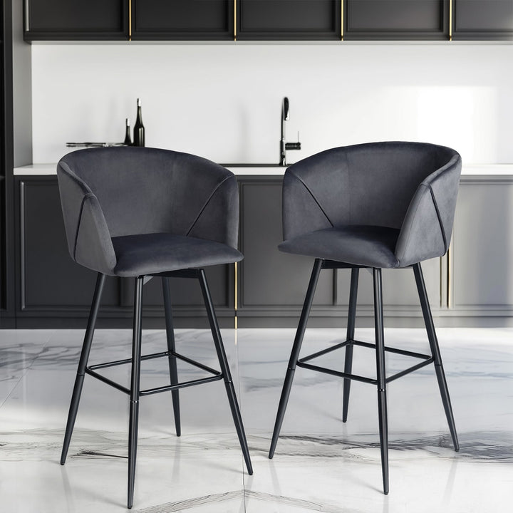 Set of Two 28" Gray And Black Velvet And Steel Low Back Bar Height Bar Chairs Image 4