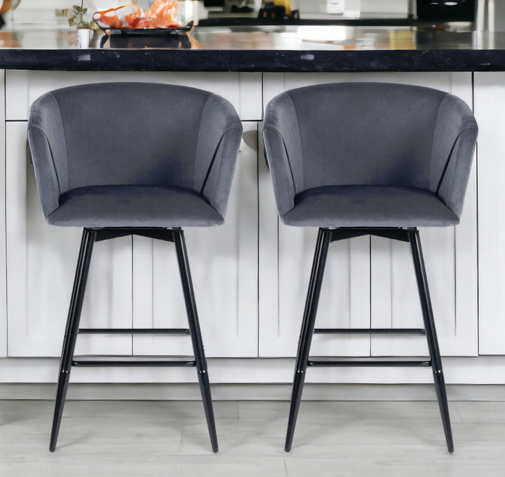 Set of Two 28" Gray And Black Velvet And Steel Bar Chairs Image 7