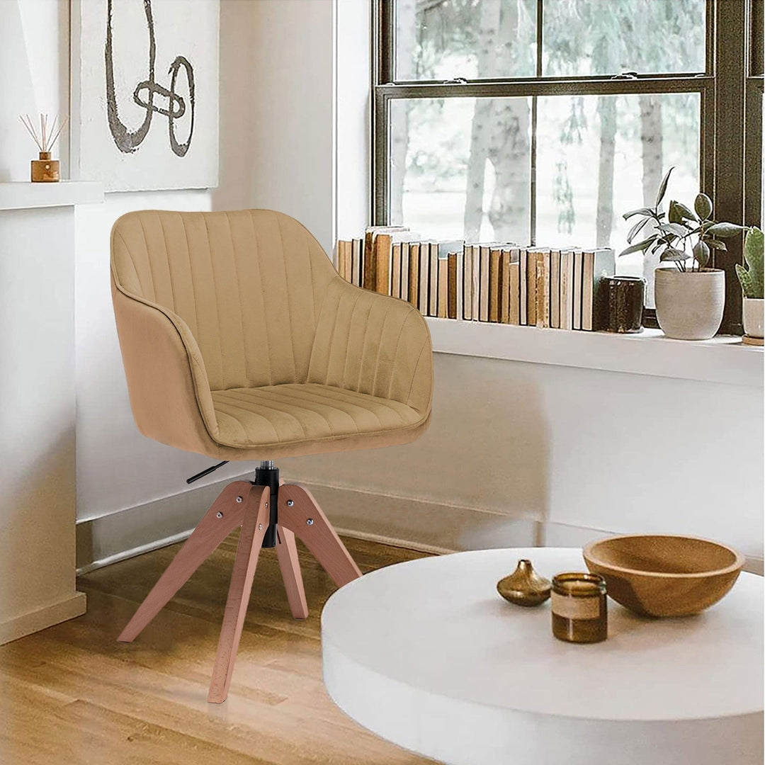 Tufted Champagne And Natural Velvet and Wood Dining Arm Chair Image 2