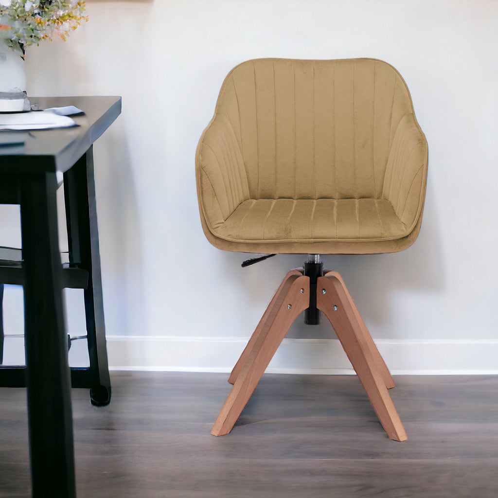 Tufted Champagne And Natural Velvet and Wood Dining Arm Chair Image 5