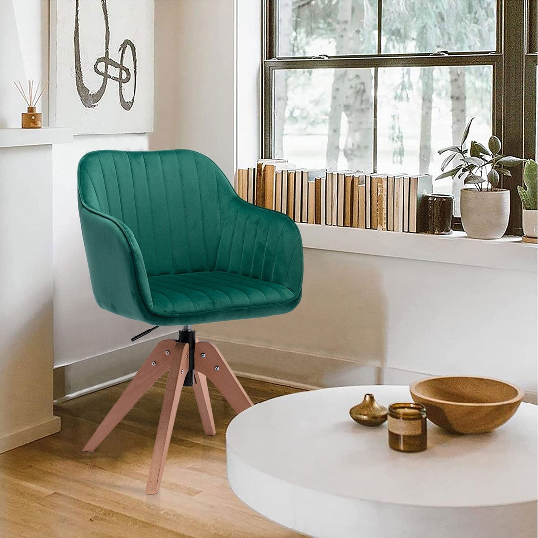 Tufted Green And Natural Velvet and Wood Dining Arm Chair Image 2