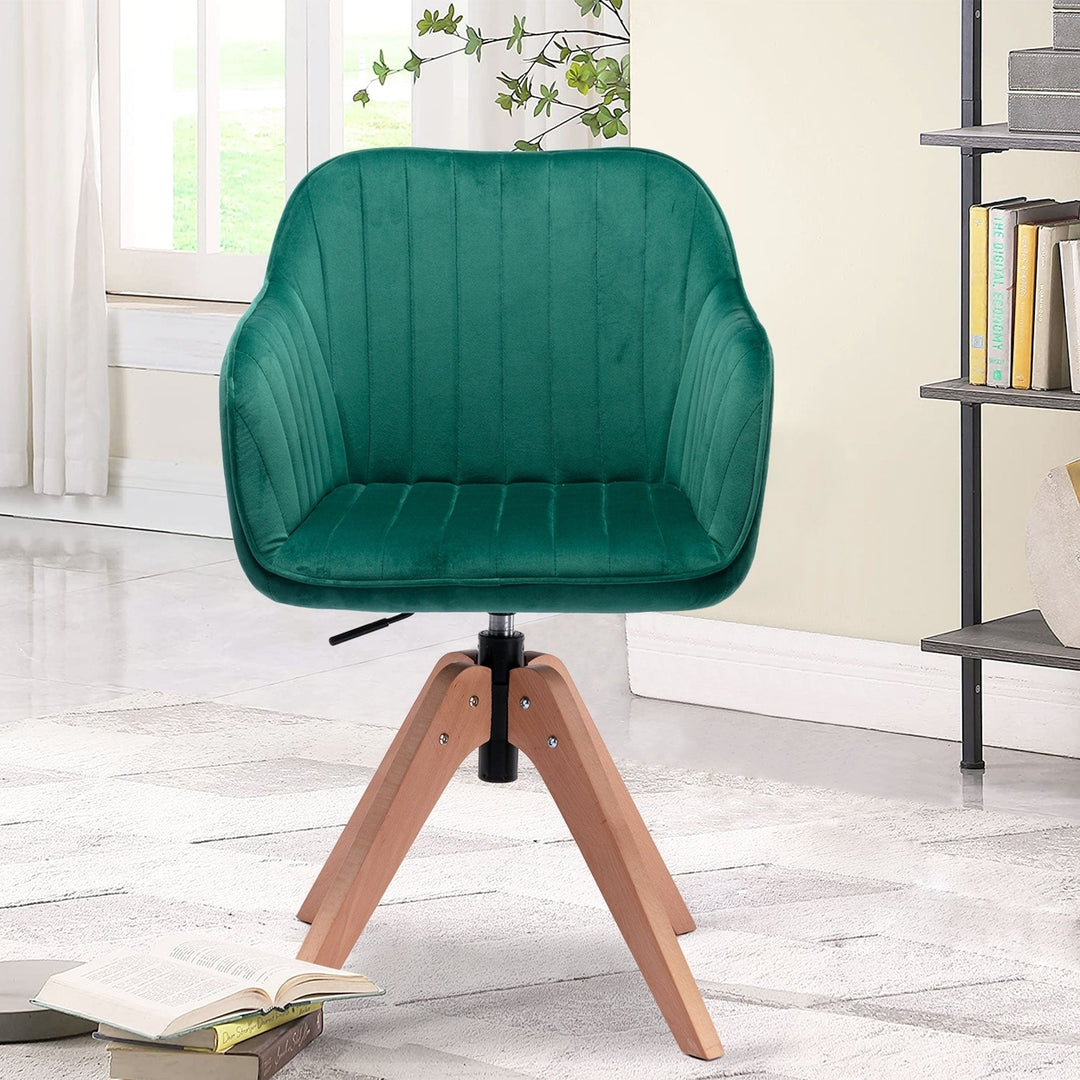 Tufted Green And Natural Velvet and Wood Dining Arm Chair Image 3