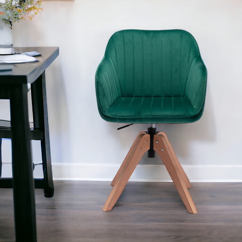 Tufted Green And Natural Velvet and Wood Dining Arm Chair Image 5