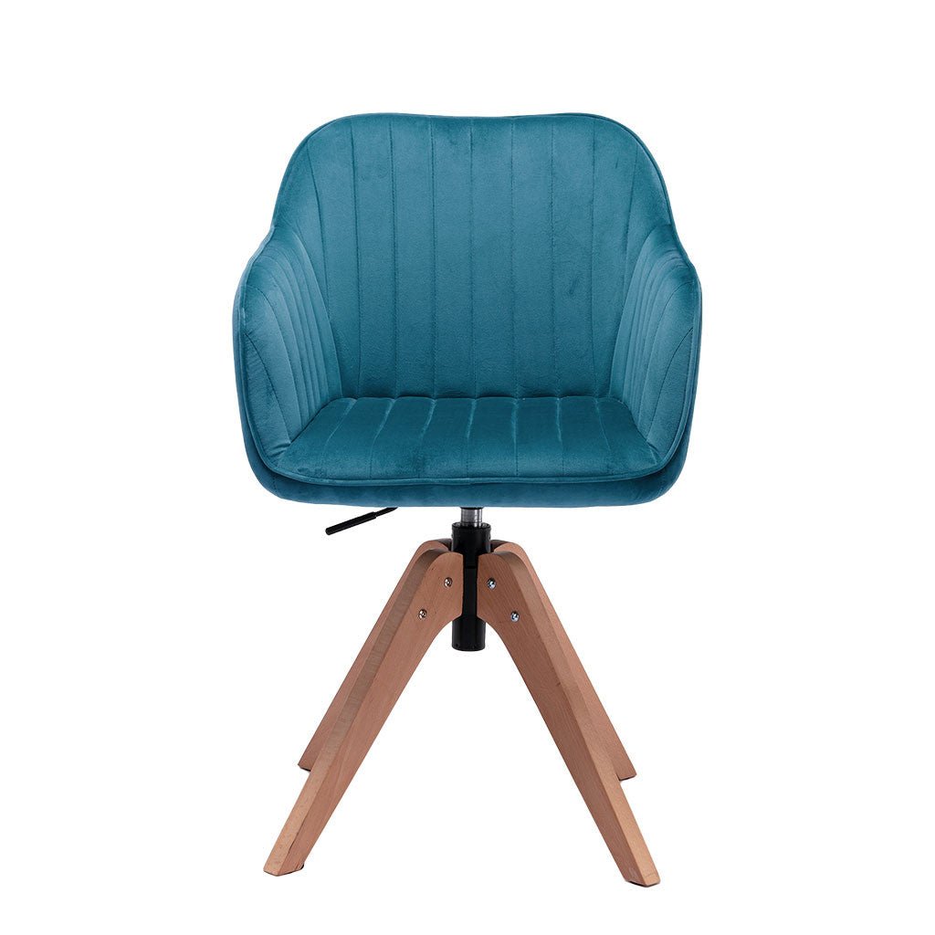 Tufted Teal Blue And Natural Velvet and Wood Dining Arm Chair Image 1