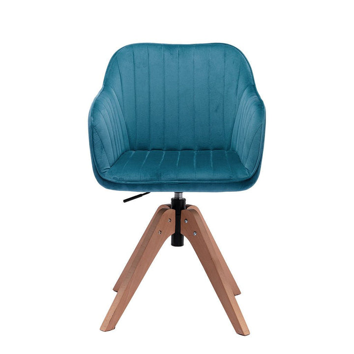 Tufted Teal Blue And Natural Velvet and Wood Dining Arm Chair Image 1