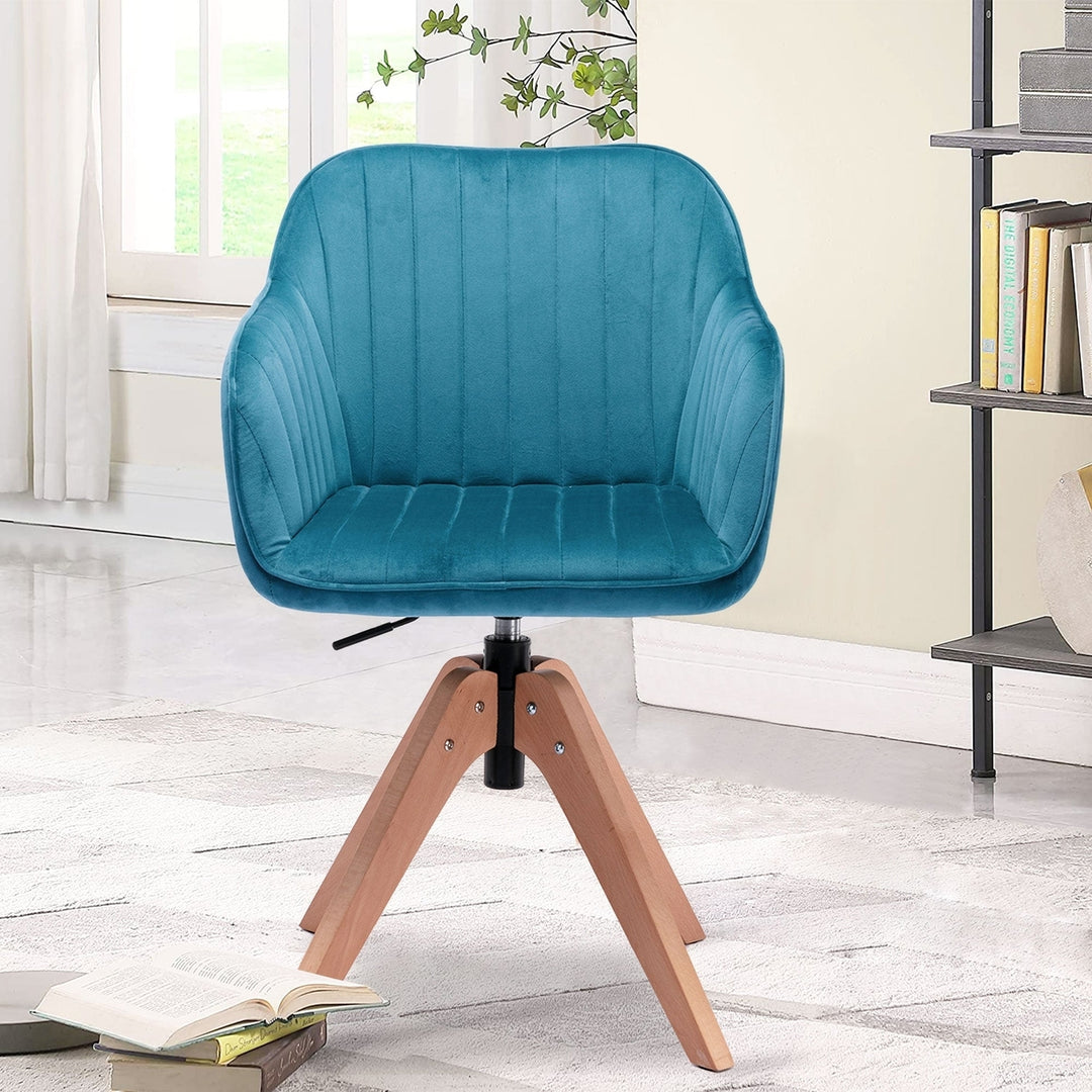 Tufted Teal Blue And Natural Velvet and Wood Dining Arm Chair Image 2