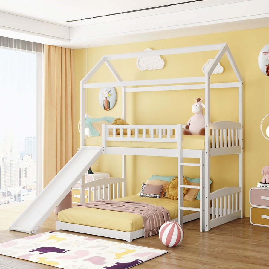 White Playhouse Frame Full Over Full Perpendicular Bunk Bed with Slide Image 1