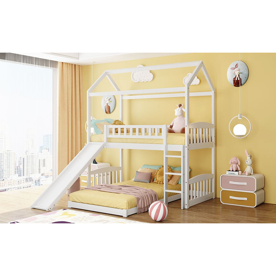 White Playhouse Frame Full Over Full Perpendicular Bunk Bed with Slide Image 2