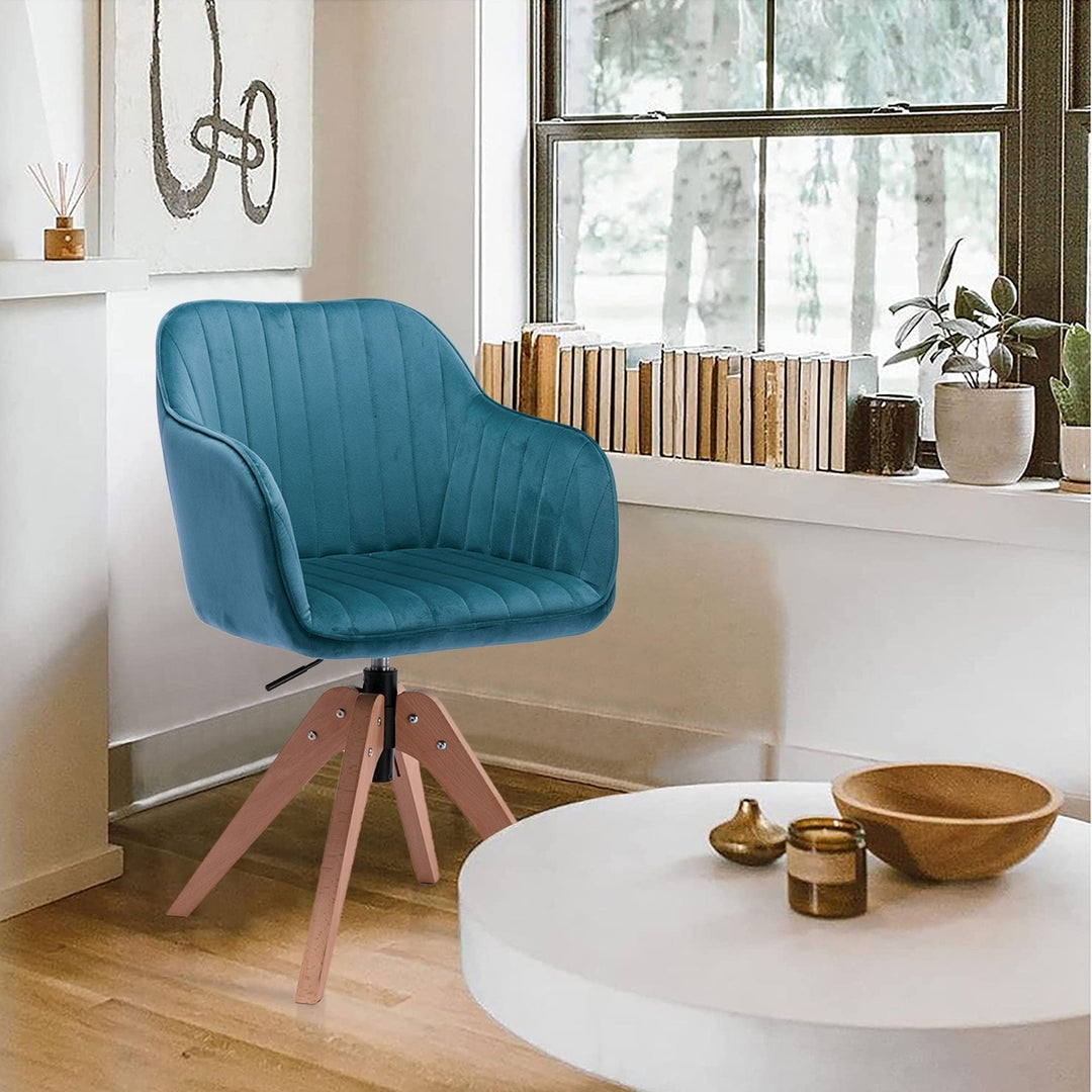 Tufted Teal Blue And Natural Velvet and Wood Dining Arm Chair Image 3