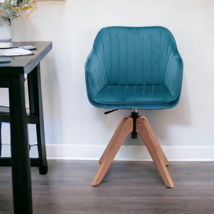 Tufted Teal Blue And Natural Velvet and Wood Dining Arm Chair Image 5